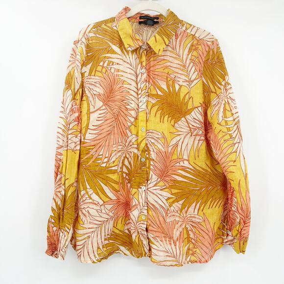 Tahari Womens Beachy Boho Tropical Palm Leaf Print 100% Linen Button Up Shirt XL - Picture 1 of 5